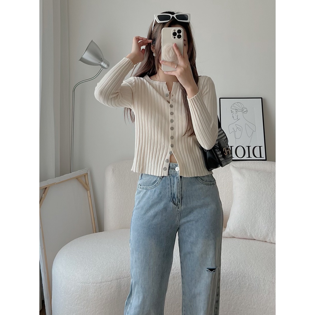 [SẴN/VIDEO] Áo Len Gân Dài Tay Cúc Dọc Cổ V Dáng Ngắn