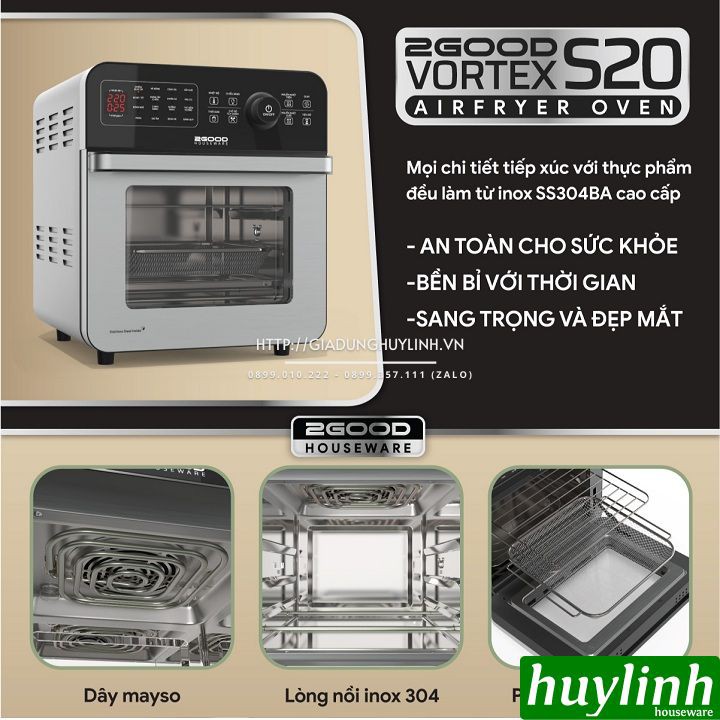 Nồi chiên không dầu 2Good Vortex S20 (14.5 lít) - S18 (15 lít) - Inox 304 cao cấp - Tặng bao tay