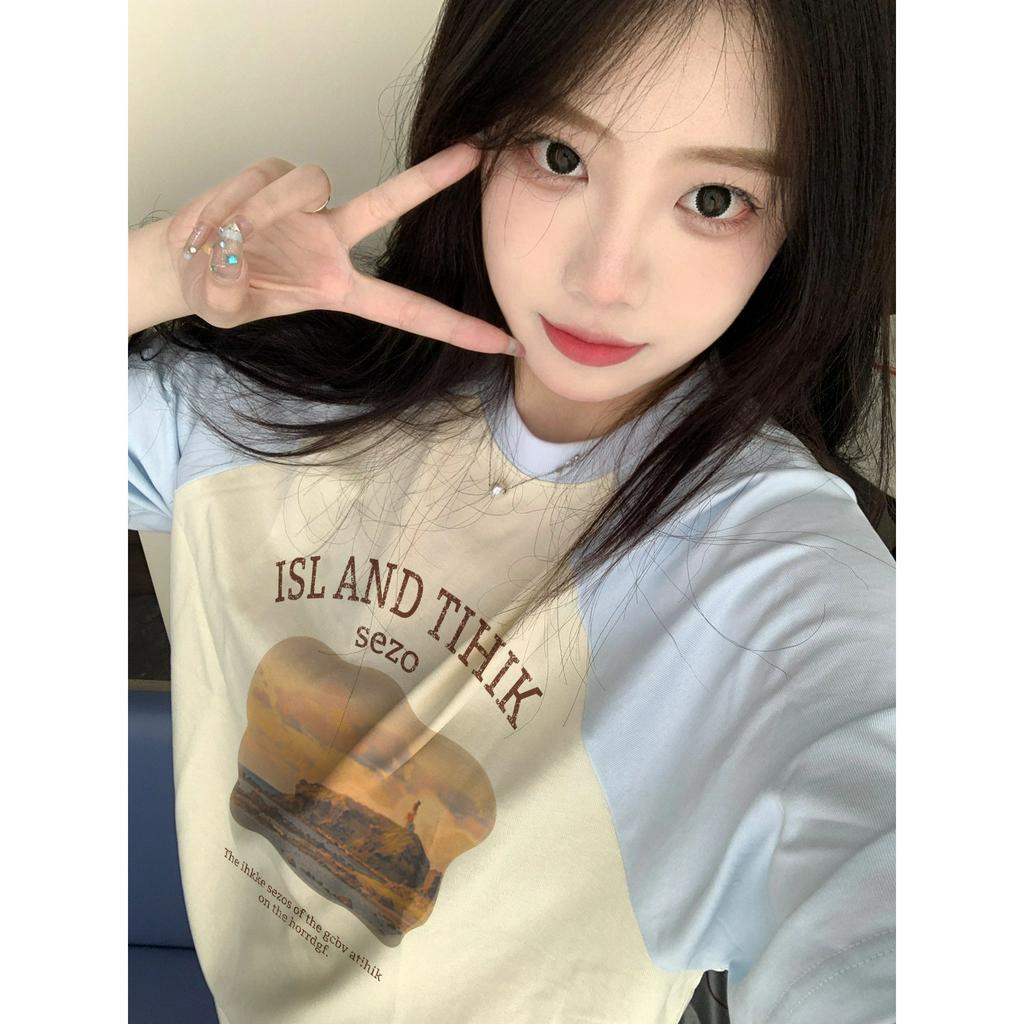 Ethelgirl Áo Thun unisex Dáng Rộng Tay Cộc Cổ Tròn In Họa Tiết Phong Cách Hàn Quốc Dễ Phối Đồ