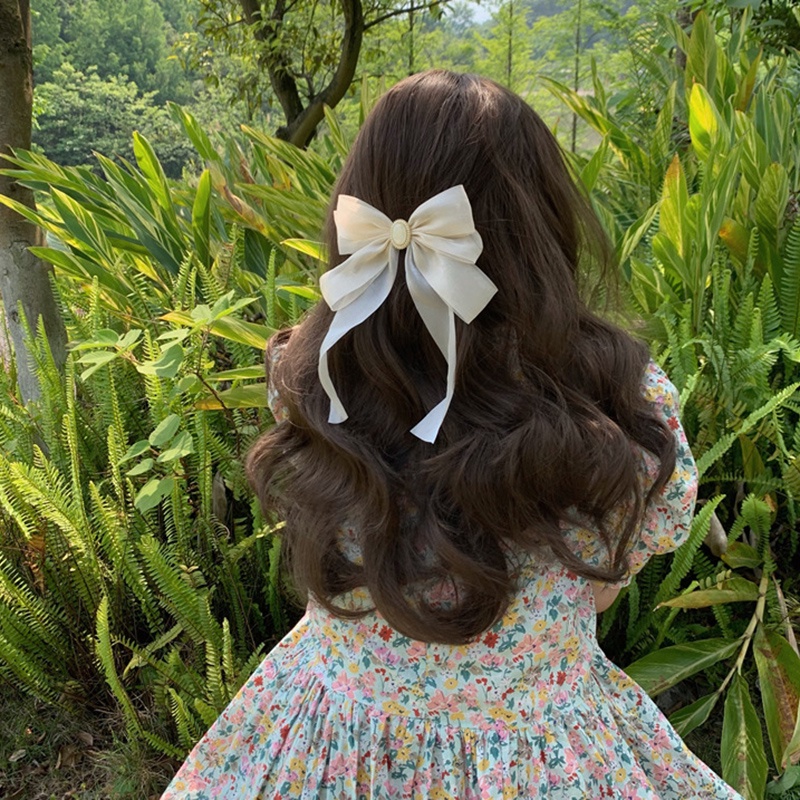 Kẹp Tóc Hình Nơ Cỡ Lớn Đính Ngọc Trai Kiểu Pháp Dễ Thương