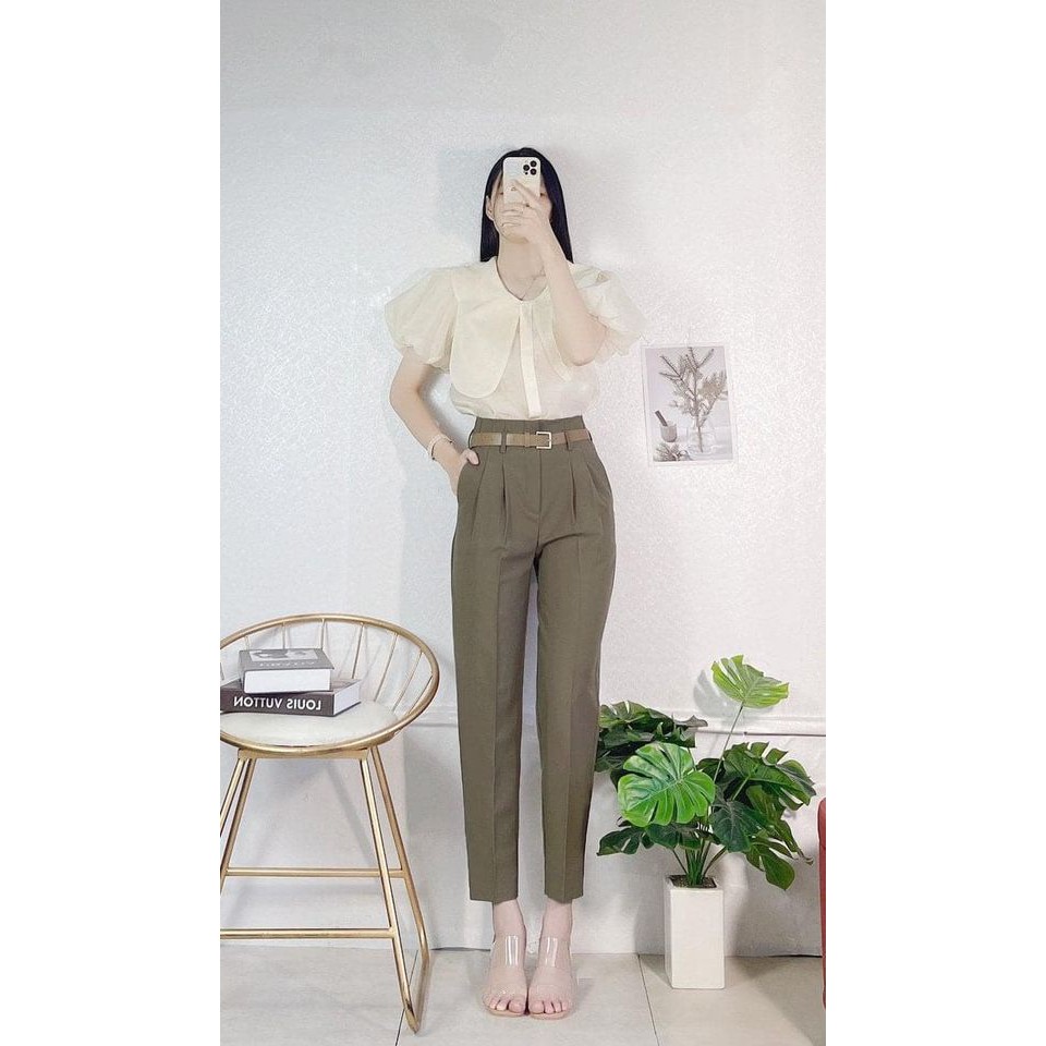 Quần baggy ly trước cạp liền công sở, quần vải tây tuyết mưa mềm mại( tặng kèm đai).