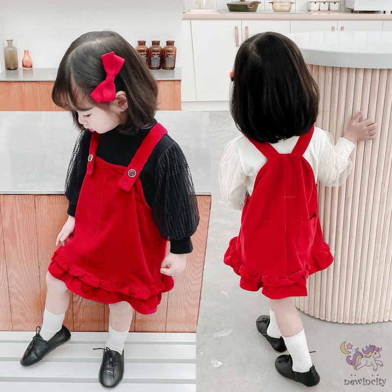 Set Áo Thun Tay Dài &amp; Đầm Yếm Màu Trơn Đáng Yêu Cho Bé Gái