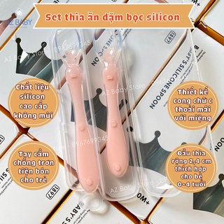 Set 2 Thìa Ăn Dặm Cho Bé Bọc Silicon Bảo Vệ Nướu kèm hộp đựng AZ Baby - AD006