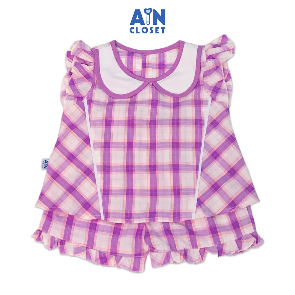 Bộ quần áo ngắn bé gái họa tiết Caro tím trắng cotton - AICDBGRZQ5DV - AIN Closet