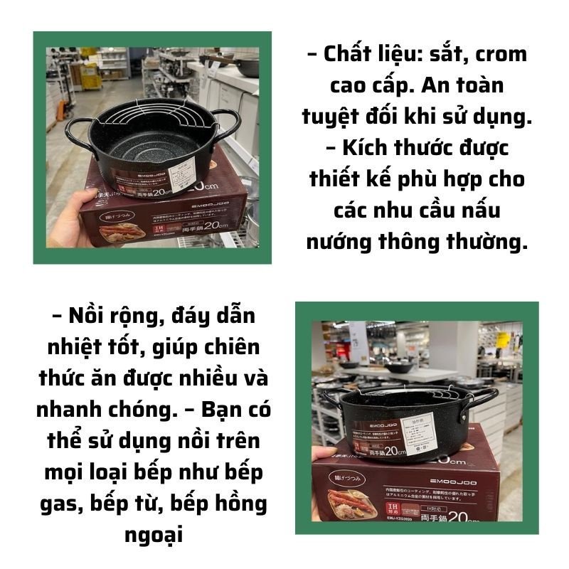 Nồi Chiên Chống Dính Nhật Size 20cm Có Khay Ráo Mỡ Vân Đá Siêu Bền Sản Chống Dính Hiệu Quả Khó Trầy Xước