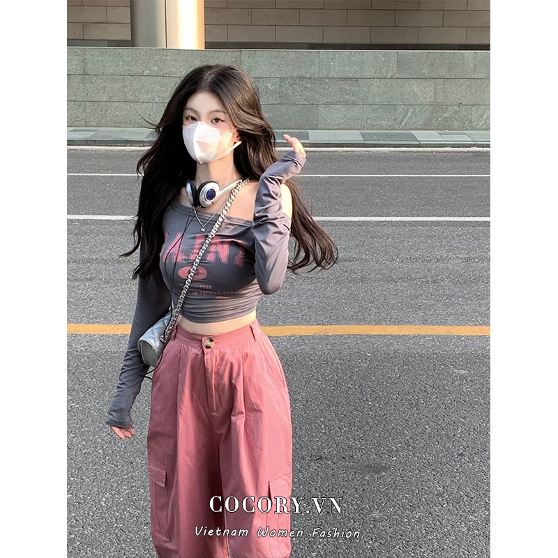 Cocory vn Áo Thun Tay Dài Trễ Vai Dáng Ôm Thời Trang Retro Mỹ Quyến Rũ Cho Nữ