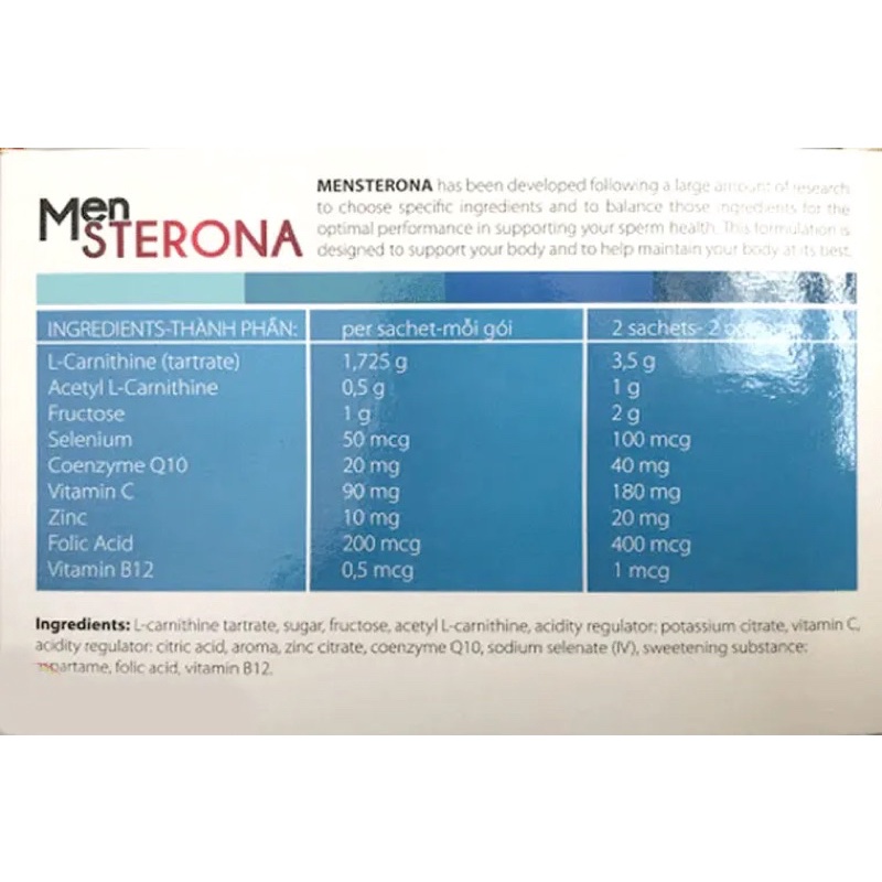Mensterona cải thiện sinh lý, tăng chất lượng tinh trùng. Men Sterona bổ tinh trùng, tăng khả năng thụ thai Hộp 30 gói