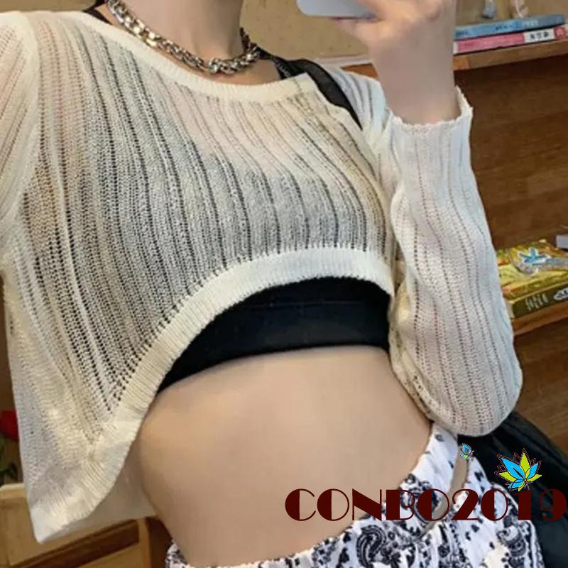 Áo Croptop Dệt Kim Tay Dài Cổ Tròn Màu Trơn Thời Trang Mùa Hè Cho Nữ
