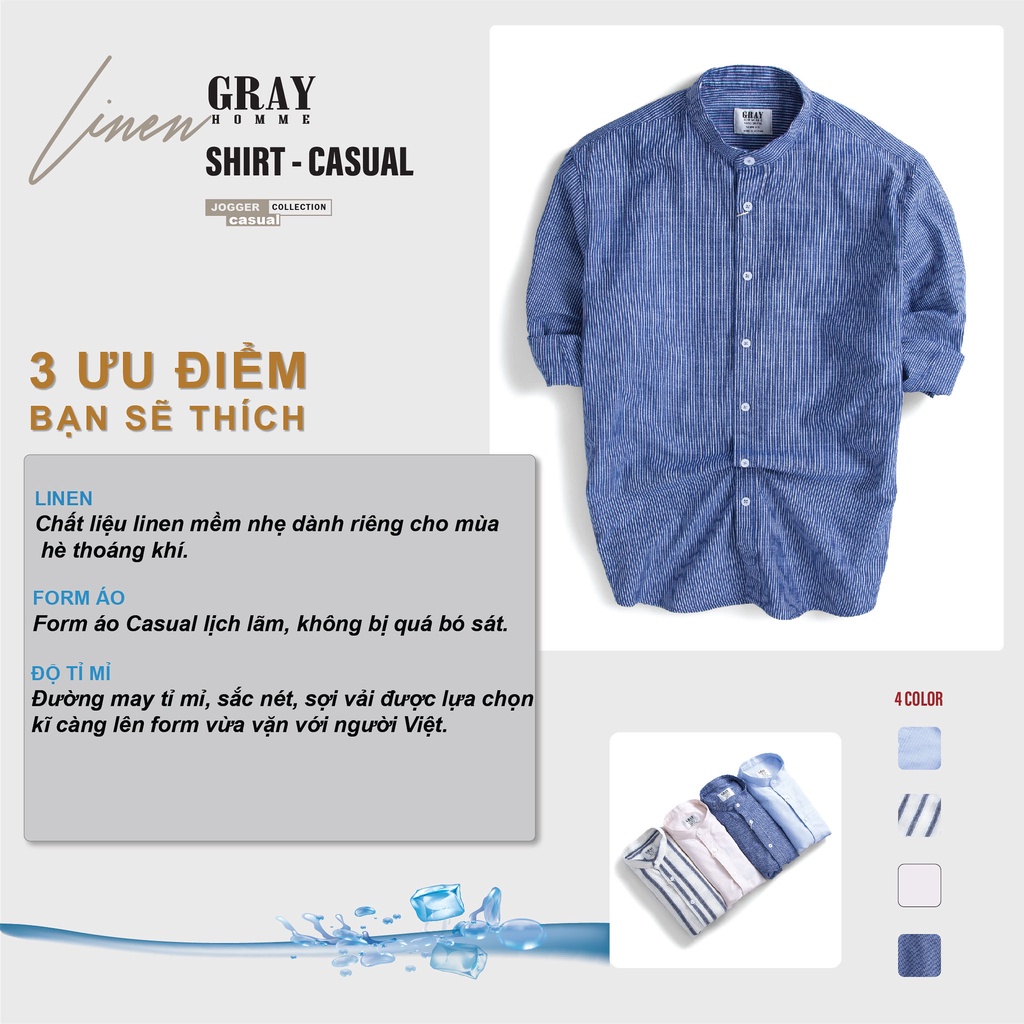 Áo Sơ Mi Nam Dài Tay Cổ Tàu (4 màu) GRAYHOMME linen kẻ sọc cá tính chất vải đũi thoáng mát - TB124