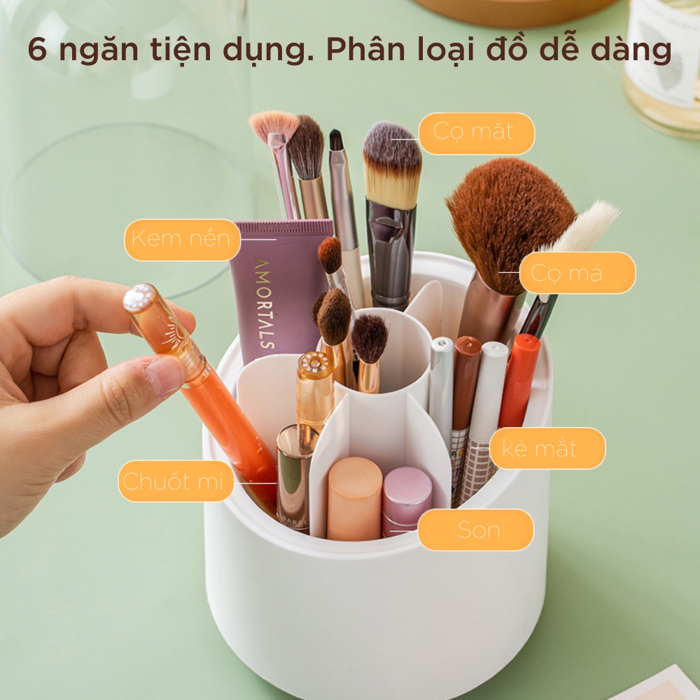Hộp Đựng Cọ Trang Điểm, Đựng Mỹ Phẩm Nhiều Ngăn Xoay Tròn Có Nắp Đậy Tiện Dụng