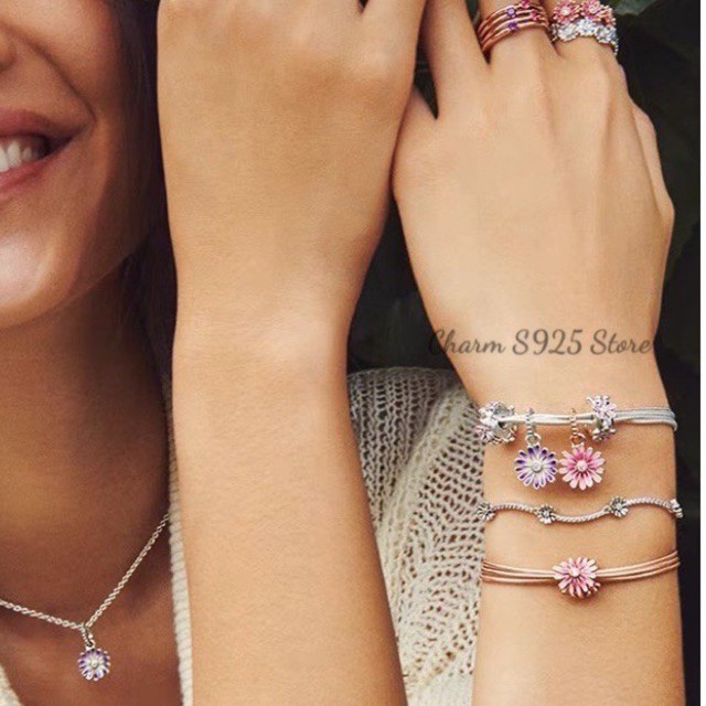 combo dây chuyền + mặt charm pan hoa cúc tím mẫu 2021 bạc s925