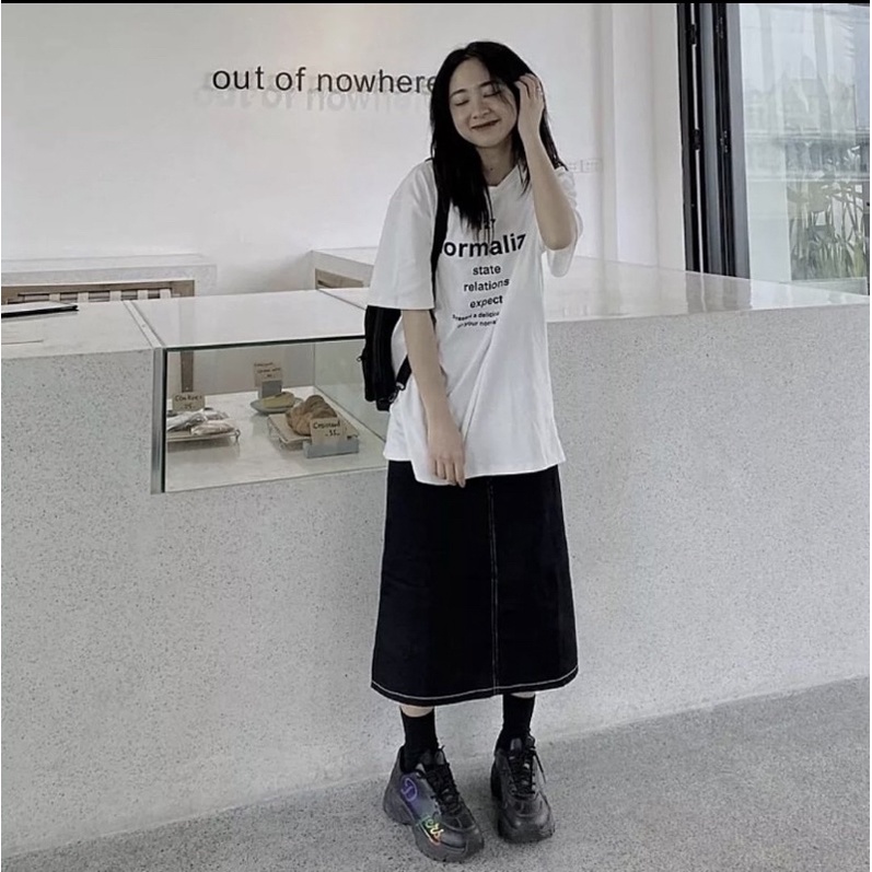 Chân váy jeans ulzzang dáng dài xẻ tà viền chỉ, chân váy bò dáng chữ A chun lưng