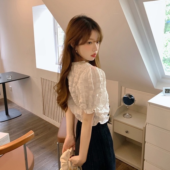 Áo Kiểu Tay Phồng Ngắn Dáng Ôm Thời Trang Pháp Xinh Xắn Cho Nữ