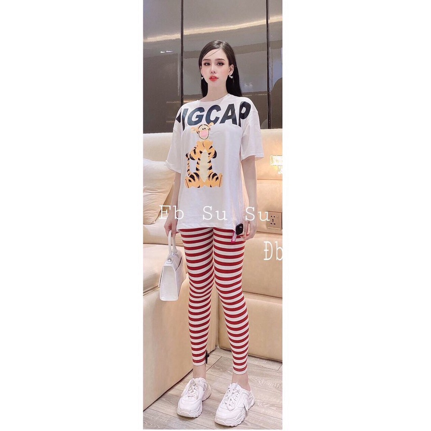 Bộ đồ hổ cotton quần legging kẻ ngang đồ bộ nữ DN278