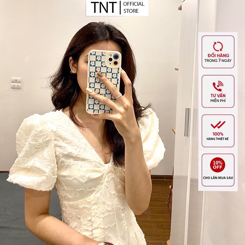 Váy ren thiết kế, đầm ren hoa thiết kế xoắn ngực tay phồng sang chảnh