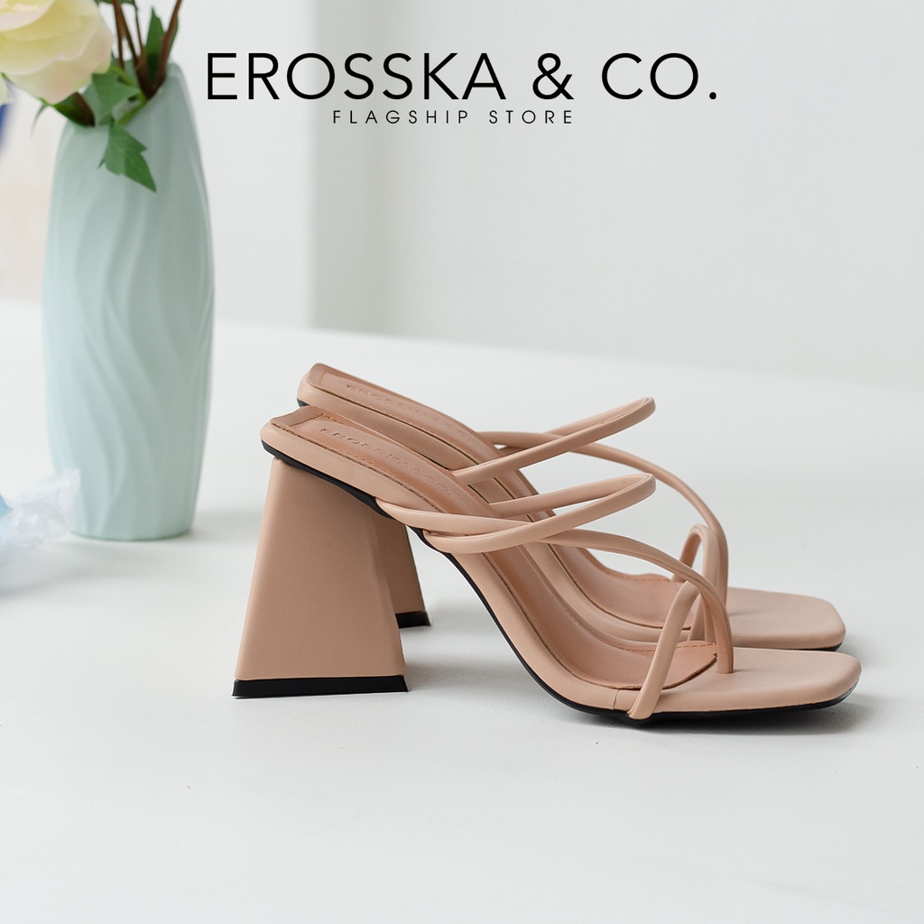 Erosska - Dép cao gót nữ mũi vuông phối quai mảnh cao 9cm màu nâu - EM088