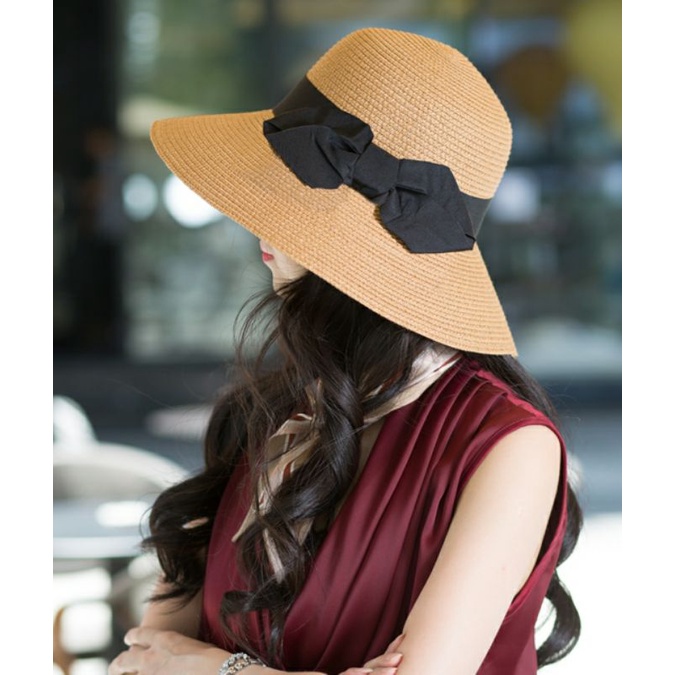Nón đi biển rộng vành chống nắng mũ cói nữ đẹp Nơ trái tim