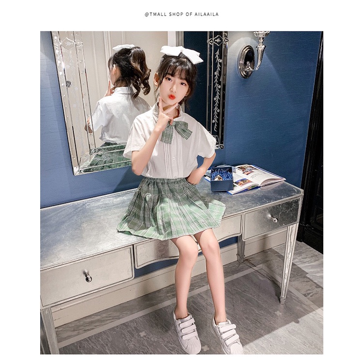 [XẢ HÀNG HÈ] Set sơ mi nơ cổ chân váy xếp li cho bé phong cách Hàn Quốc dễ thương, set bộ cho bé đi học đi chơi hàng đẹp
