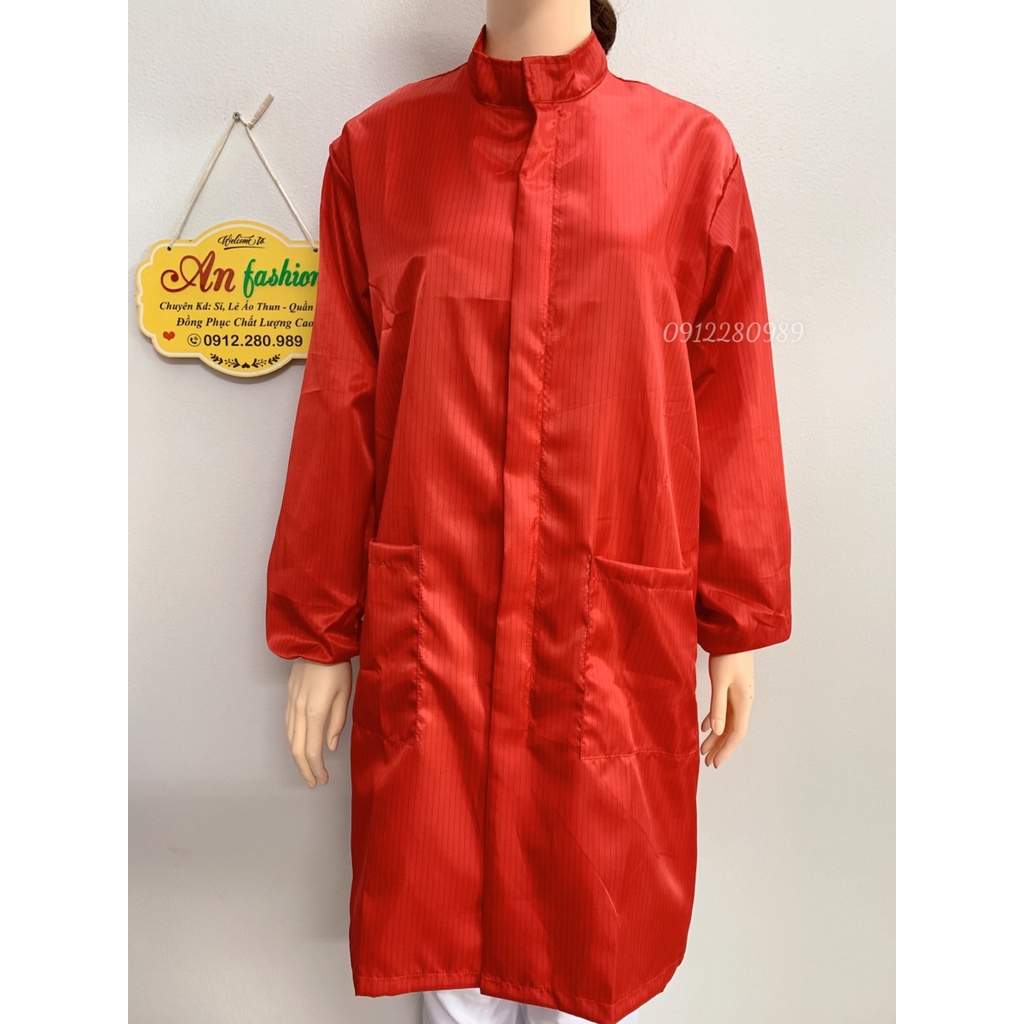 Áo phòng sạch dáng dài vải chống tĩnh điện màu đỏ - Áo blouse phòng sạch _ Hình chụp thật