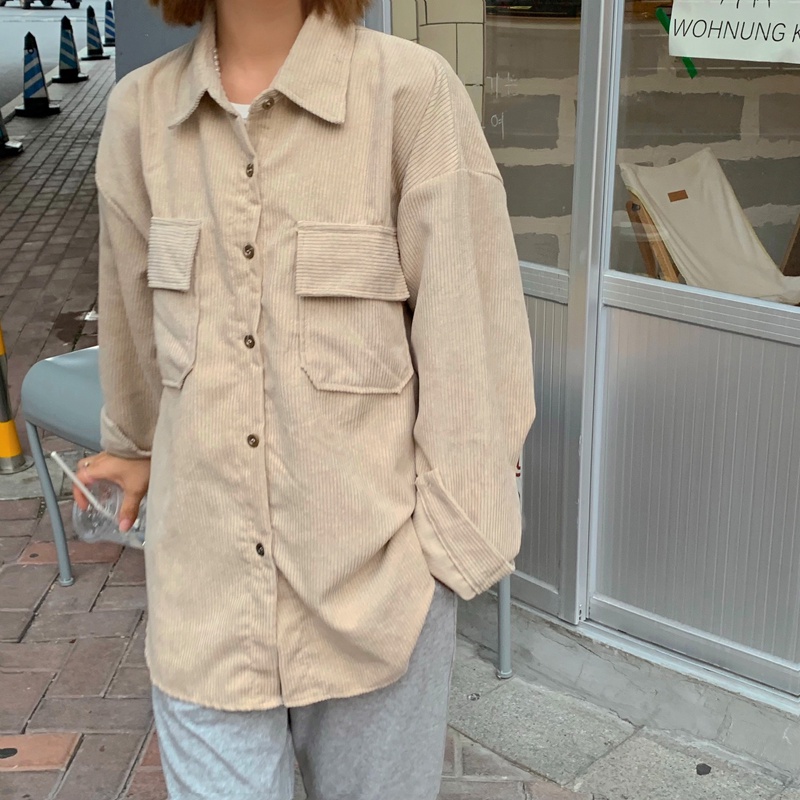 Áo Khoác Nhung Kẻ Dáng Rộng Phong Cách Retro Hàn Quốc Thời Trang Mùa Thu Dành Cho Nữ