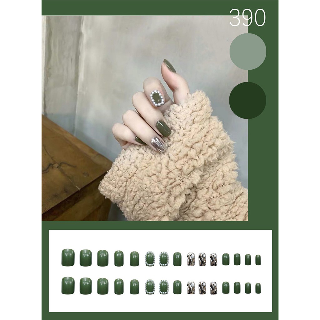 Bộ 24 móng tay giả Nail Nina màu xanh nước đá ngọc trắng mã Z-390 【Tặng kèm dụng cụ lắp】