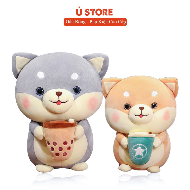 Gấu bông cao cấp Chó Shiba ôm trà sữa chất lông mịn - Ú Store