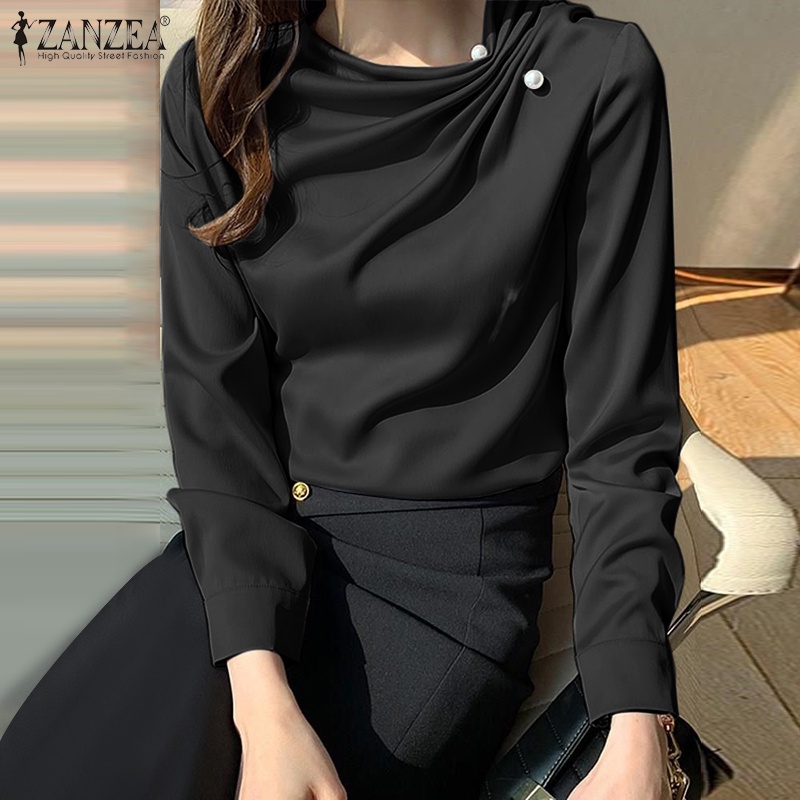 Áo sơ mi ZANZEA tay dài vải satin thời trang thanh lịch tùy chọn màu sắc dành cho nữ