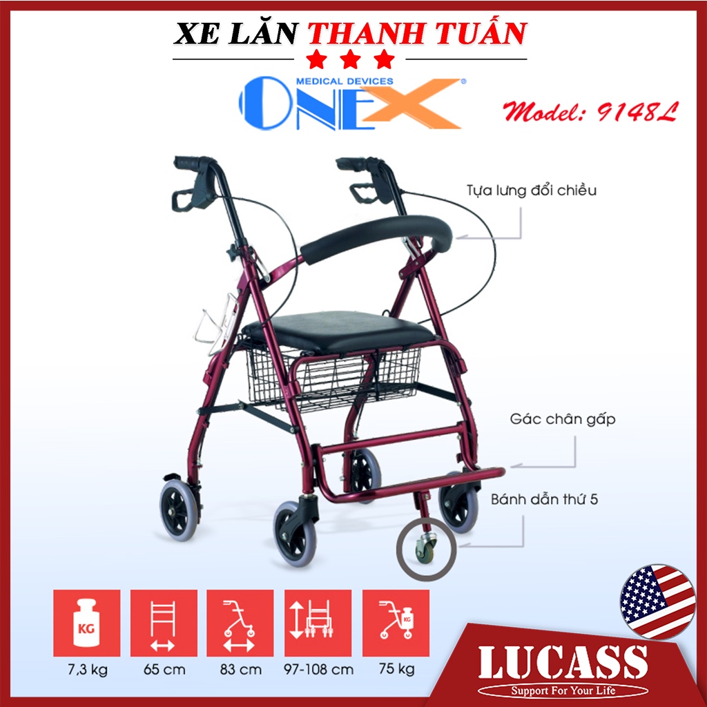 Xe đẩy tập đi khung tập đi năm bánh có ONE-X 9148L (Có ghế ngồi, có phanh, giỏ đựng đồ và bánh dẫn)