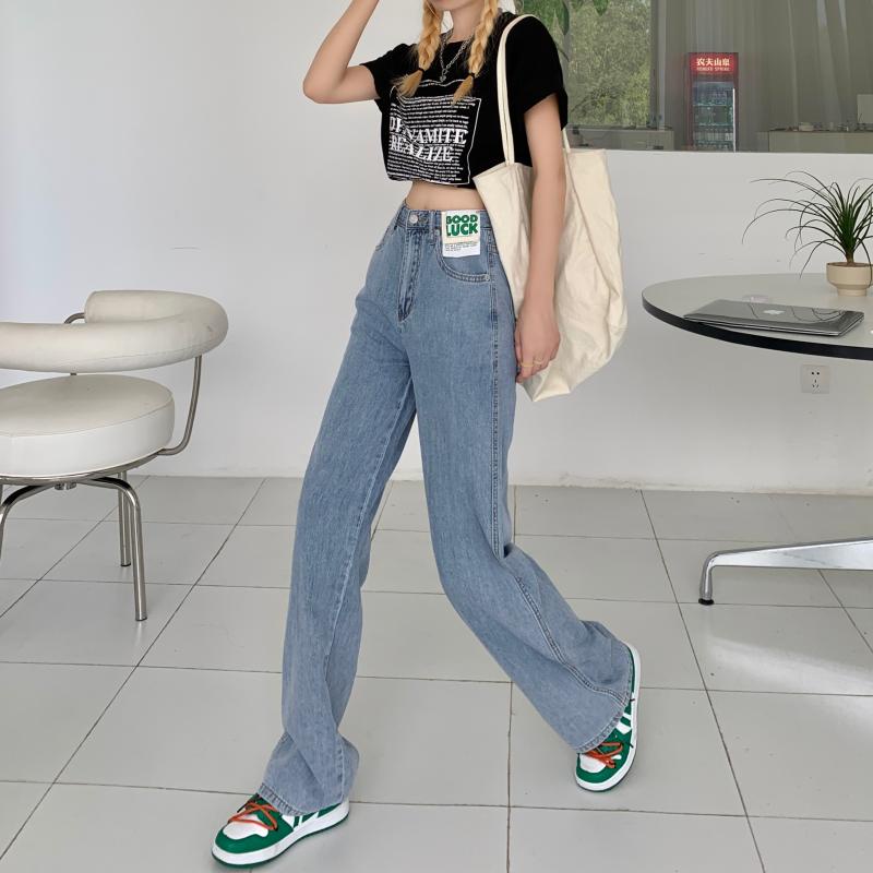 QKOOLE  Quần jean nữ lưng cao dáng rộng phong cách Hàn Quốc