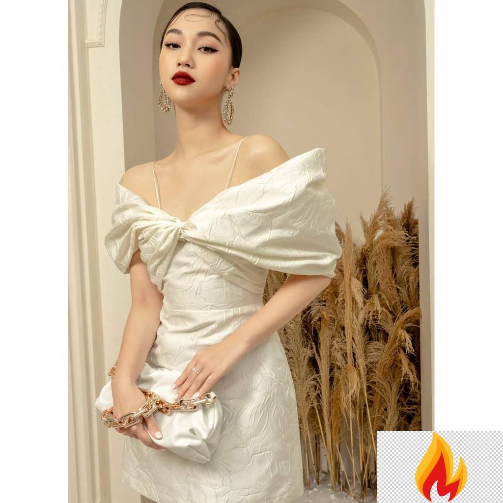 Đầm trắng đi tiệc hai dây, trễ vai, dáng xòe sang trọng - chất liệu vải gấm - Krytas hfZ1