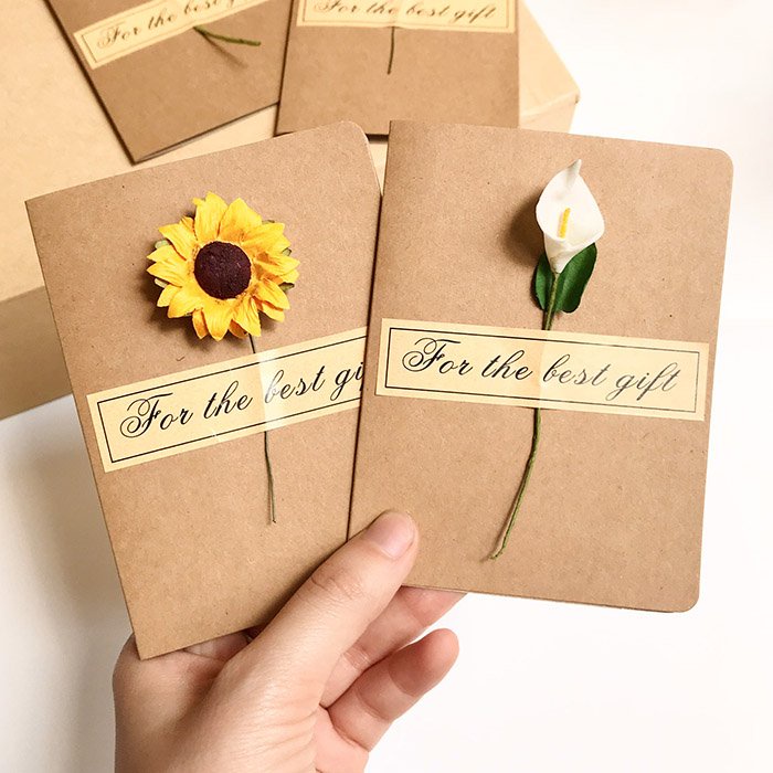 Thiệp giấy kraft Vintage hoa hướng dương/ hoa khô handmade tặng sinh nhật, chúc mừng