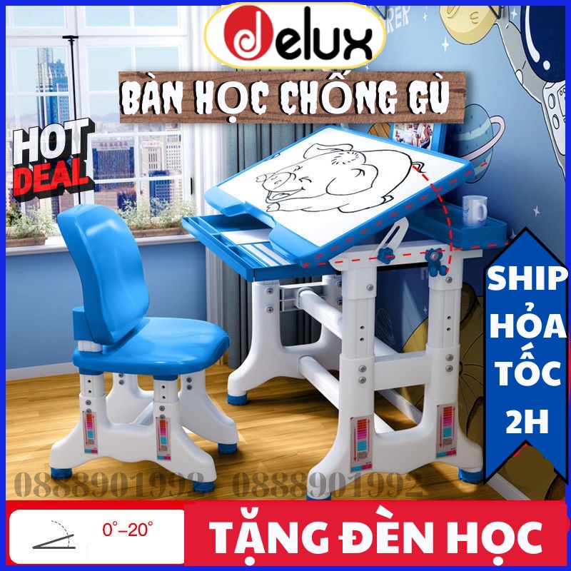 [Tặng đèn học + giá đọc sách] Bộ bàn học thông minh Delux B, bàn học chống gù cho học sinh tiểu học.