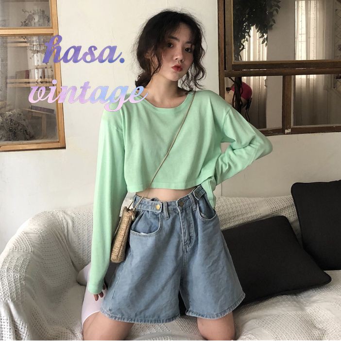 [Sẵn tím]🌿 Áo croptop len dệt kim màu trơn tay dài ulzzang 🔥