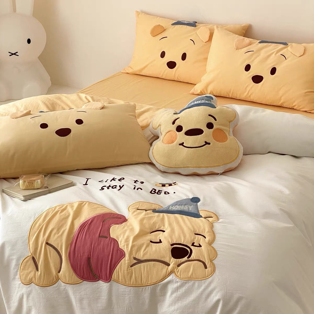 Bộ Chăn Ga Gối 5 Món mẫu GẤU POOH -  Cotton Linen Họa Tiết Hoạt Hình Disney Dễ Thương
