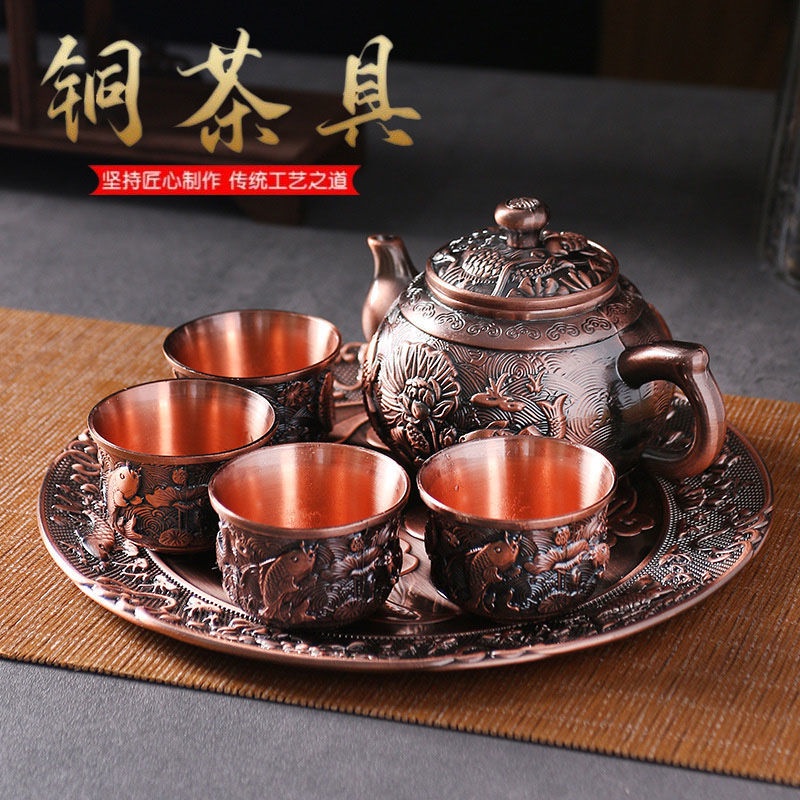 Bộ Ấm Trà 1 Khay 1 Khay Bằng Đồng Cao Cấp Màu Đỏ Hình Cá Koi Kèm 1 Khay Đựng 4 Tách Cho Gia Đình
