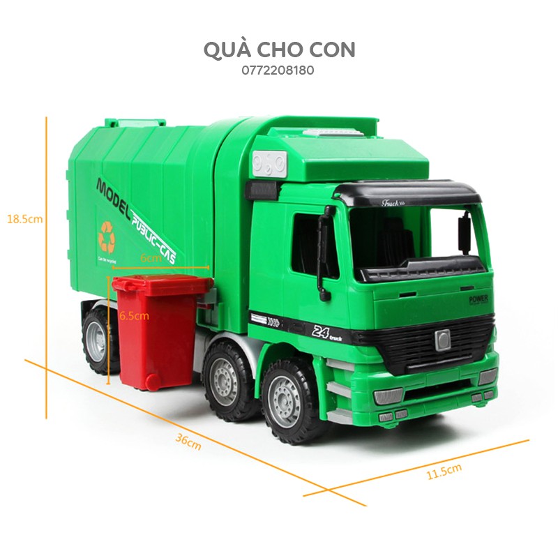 MÔ HÌNH XE CHỞ RÁC TỈ LỆ 1:22 KÈM 3 THÙNG RÁC PHÂN LOẠI, CÓ CHẾ ĐỘ NÂNG THÙNG MÔ PHỎNG ĐỔ RÁC NHƯ XE THẬT