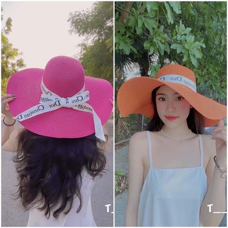 Mũ cói vành rộng cao cấp dây nơ dio trắng siêu sang chảnh