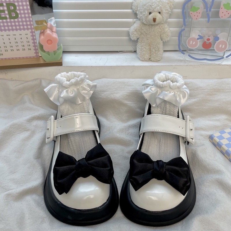 Giày lolita nữ độn đế cao gắn nơ đen,Giày da ulzzang nữ phong cách Hàn Quốc LT76