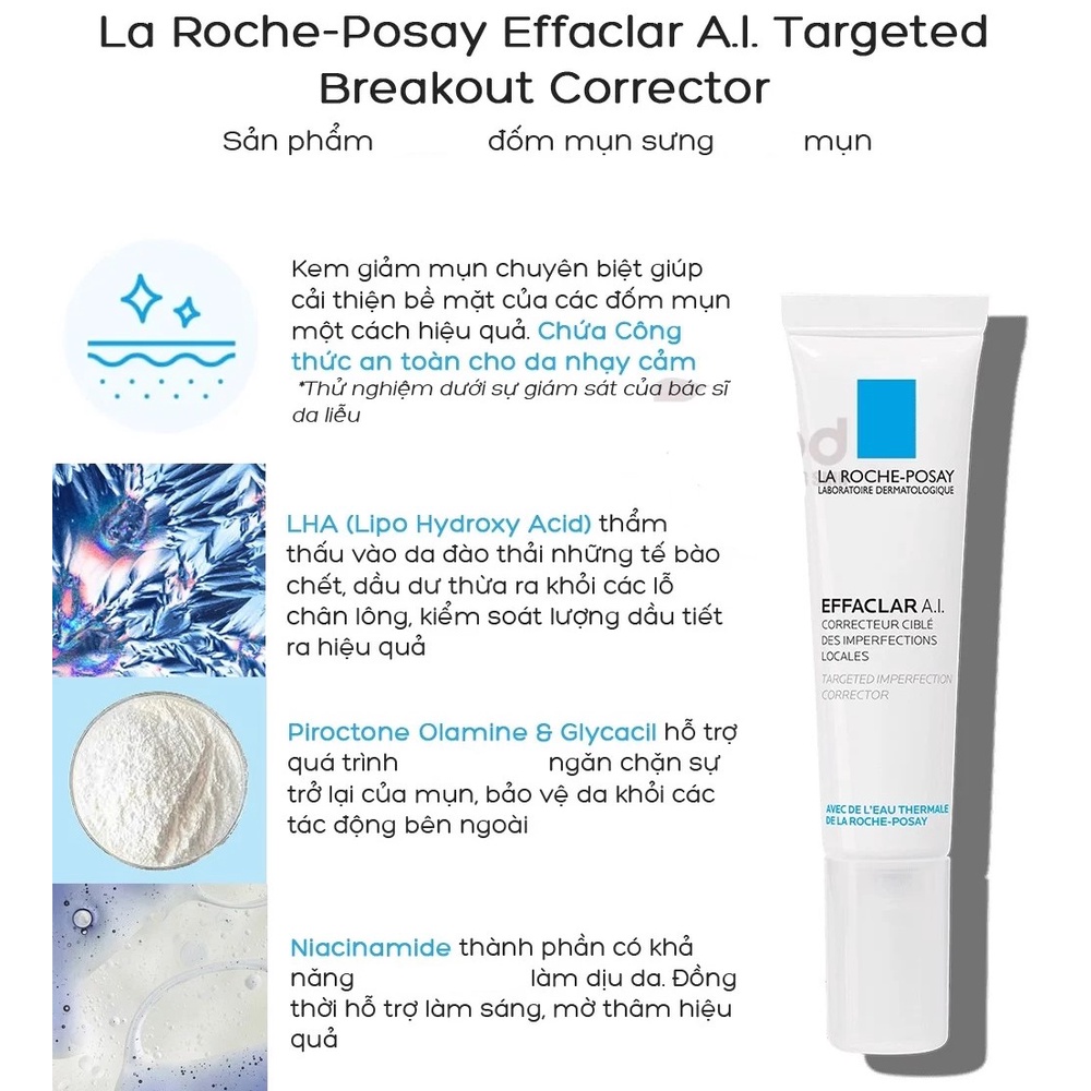 La Roche Posay Effaclar A. I - Kem giảm mụn chuyên biệt LA ROCHE POSAY EFFACLAR A.I dành cho đốm mụn sưng đỏ 15ml