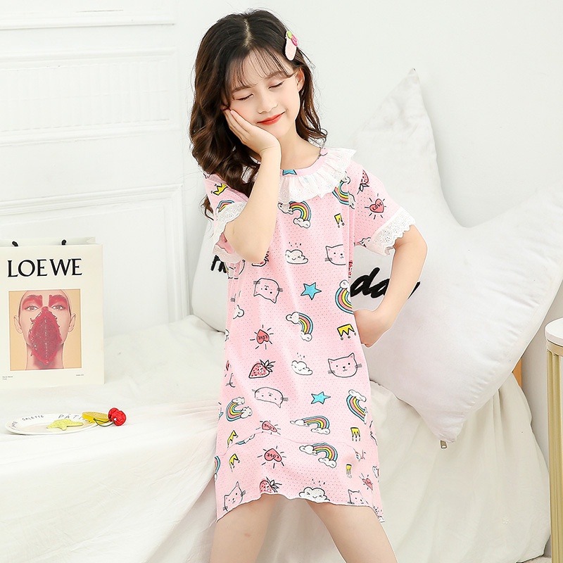 Đồ ngủ dáng chữ A chất liệu cotton phối ren in họa tiết hoạt hình 2021 dành cho bé gái 2-12 tuổi