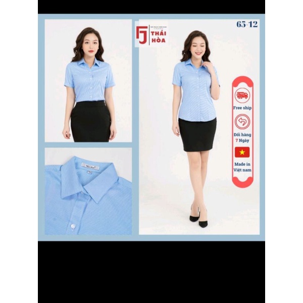 Áo sơ mi nữ Thái Hòa sọc xanh dương đậm