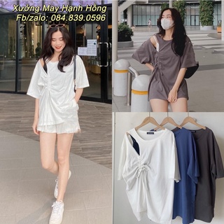 Áo thun nữ dây rút eo, áo kiểu cutout vai cá tính