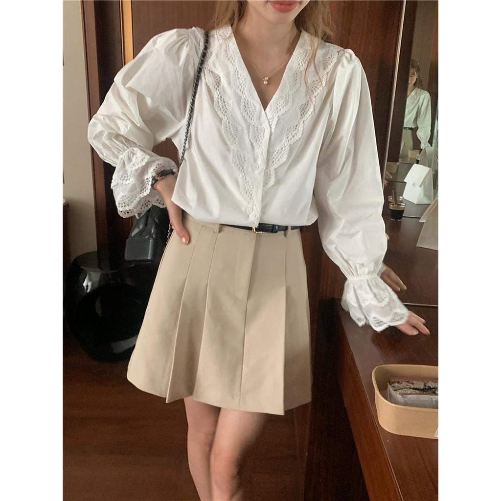 Áo Sơ Mi Dài Tay Cổ Chữ V Thêu Ren Tinh Tế Kiểu Pháp 62805