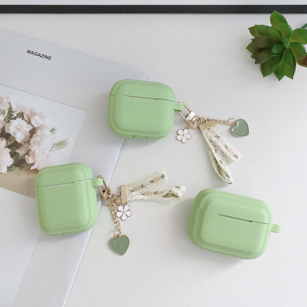Vỏ Bảo Vệ Hộp Sạc Tai Nghe Airpod 1 2 3 pro Bằng tpu Mềm Hình Vuông Màu Xanh Matcha Phối Vải Họa Tiết Trái Tim