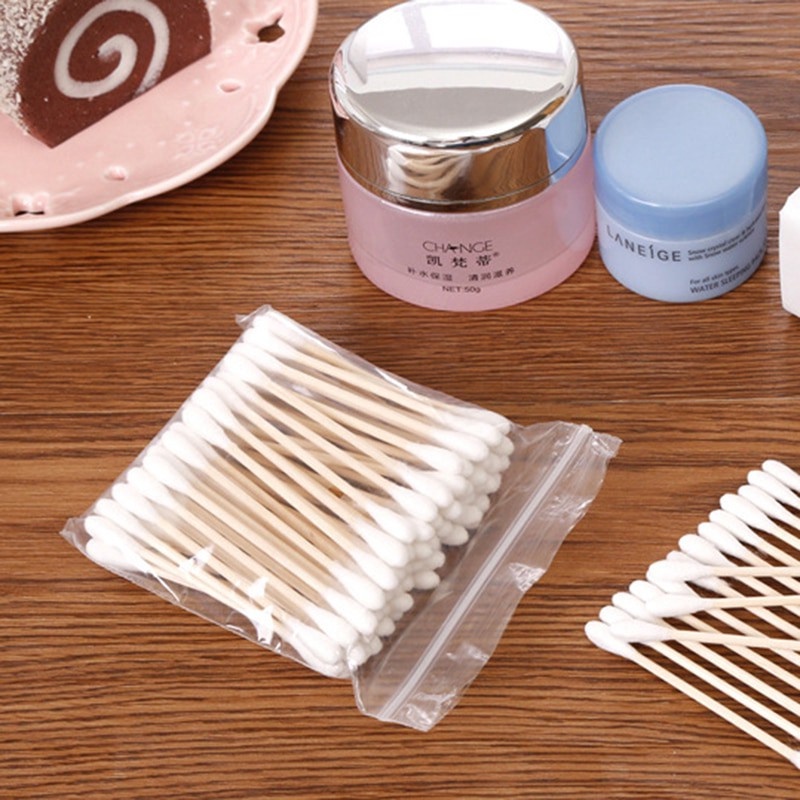 Set 100 Tăm Bông Cotton Dùng Một Lần Thân Gỗ Tiện Lợi