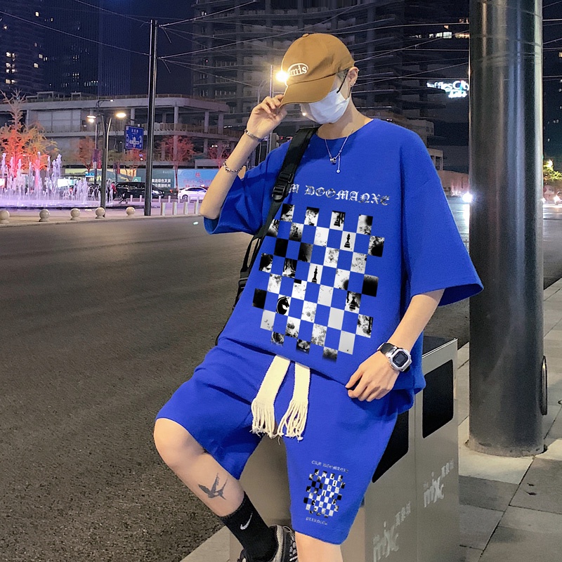 Set Áo Thun Ngắn Tay Cổ Tròn Và Quần short Họa Tiết Ca Rô Thời Trang Dành Cho Nam
