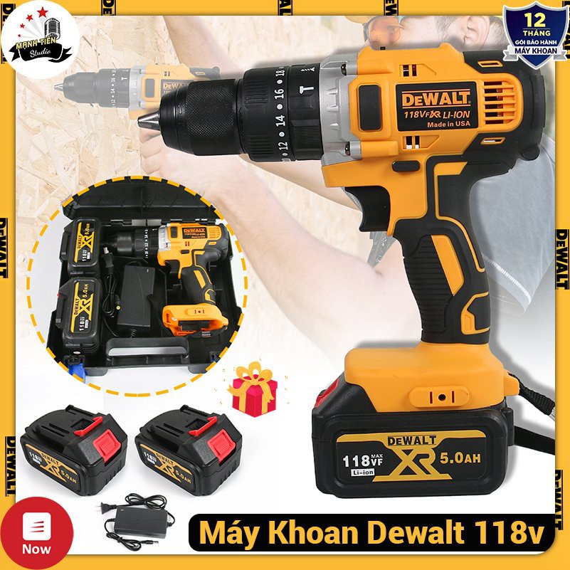 Máy khoan pin dùng động cơ chổi than Dewalt 118V – Động cơ cực mạnh mẽ - Đầu 13mm – 3 chế độ khoan, vít, búa -2 pin sạc