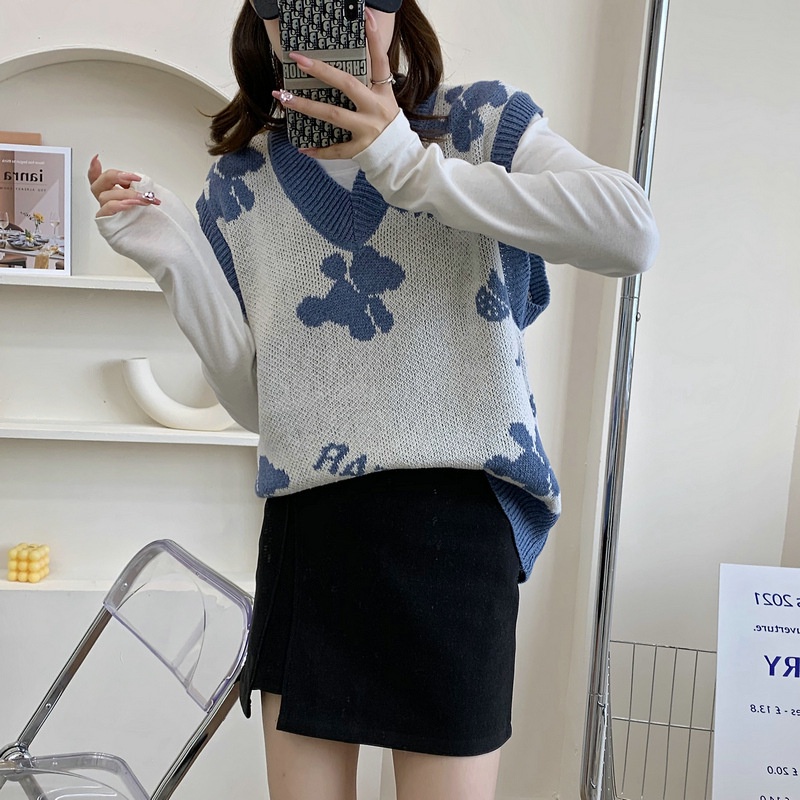 IELGY  Áo sweater Dệt Kim Không Tay Dáng Rộng In Hình Gấu Dễ Thương Cho Nữ