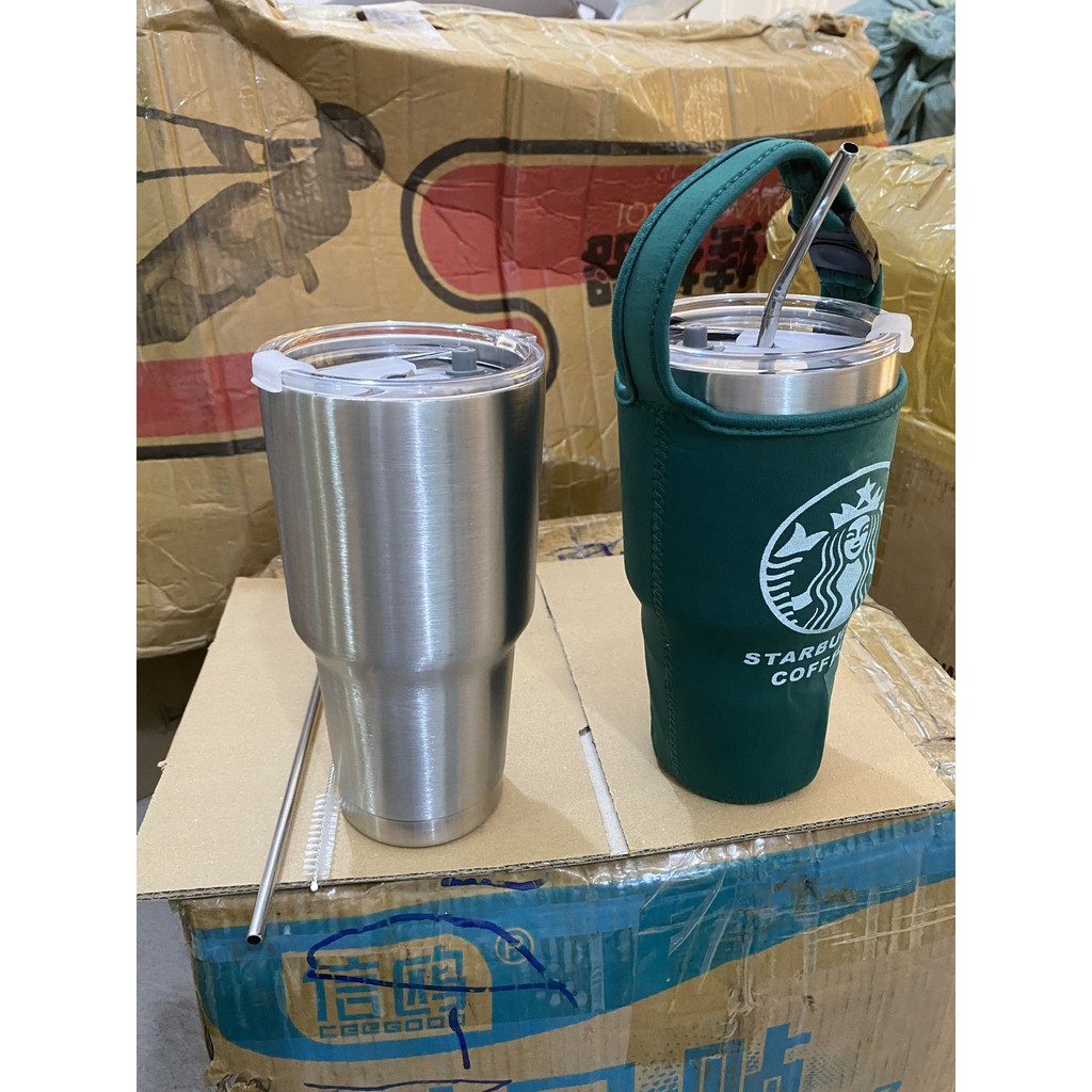 Ly Giữ Nhiệt 900ml  Mẫu Inox Kèm Túi Đựng Và Ống Hút