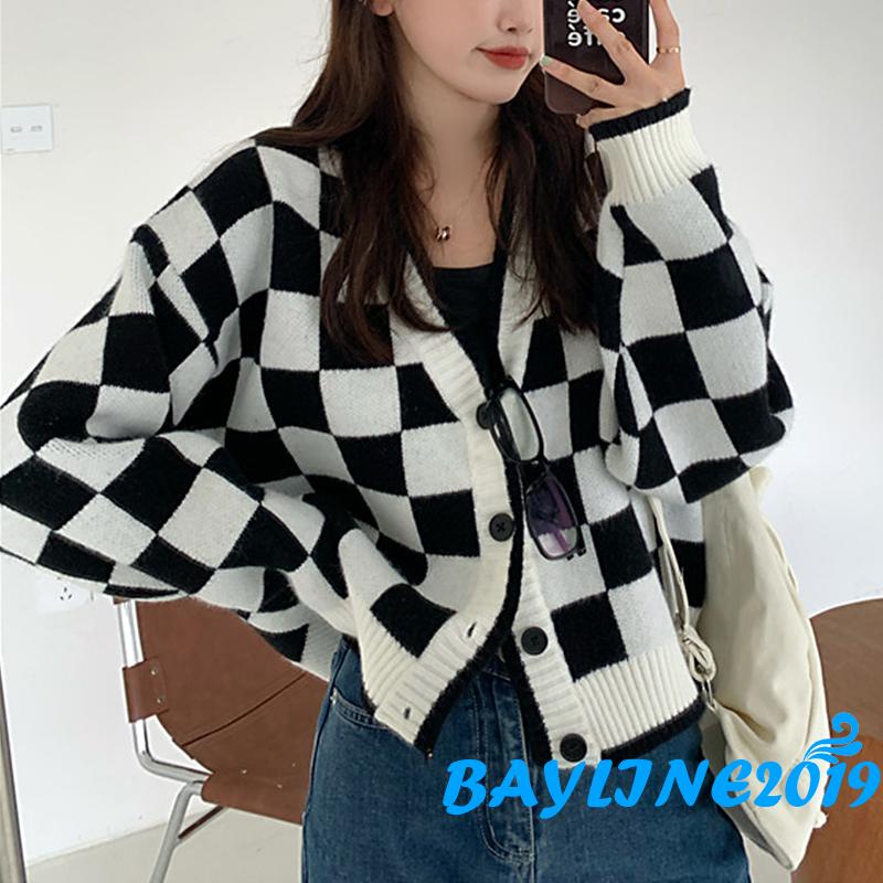 Áo khoác cardigan dệt kim cổ chữ v tay dài dáng rộng in họa tiết kẻ ô màu xanh lá/đen